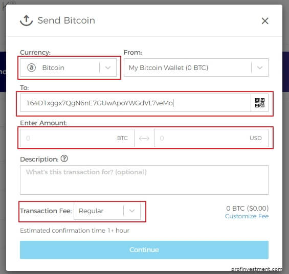 форма для перевода Bitcoin