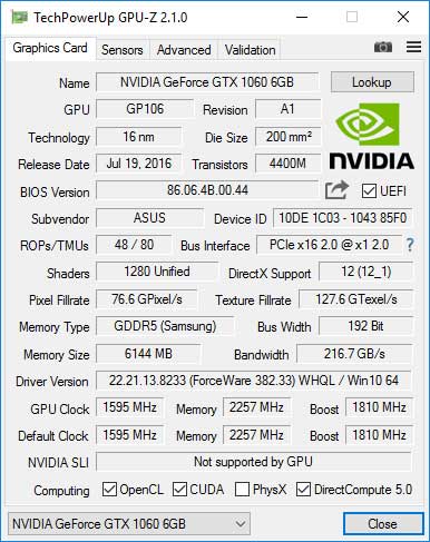 Характеристики ASUS GeForce GTX 1060 OC 6GB 9Gbps
