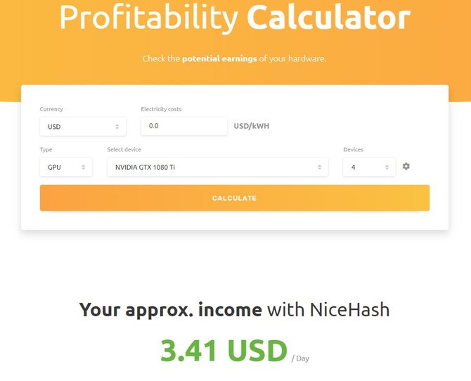 Расчет прибыльности майнинга Ethereum на калькуляторе NiceHash