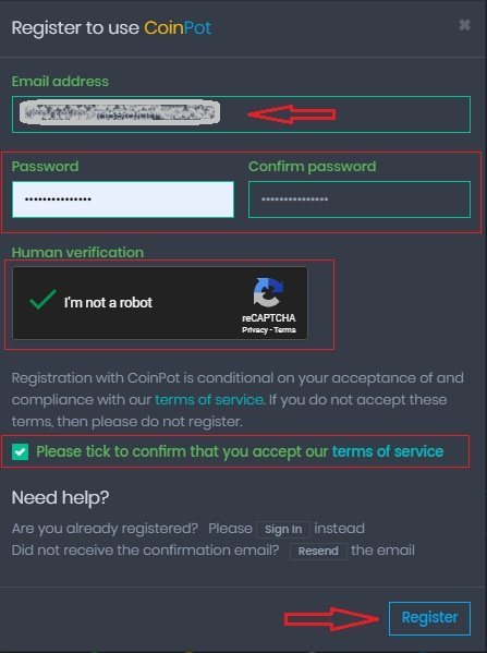 Регистрация на CoinPot