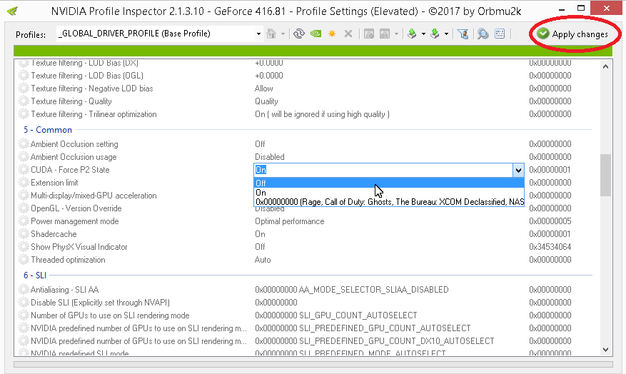 Скриншот NVIDIA Profile Inspector в разделе управления режимом CUDA - P2 State