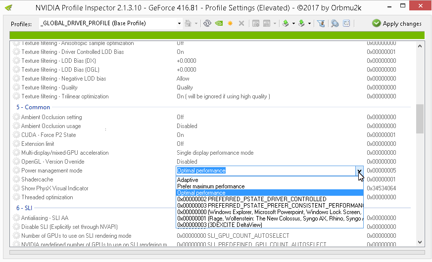 Скриншот NVIDIA Profile Inspector в разделе управления режимом Performance